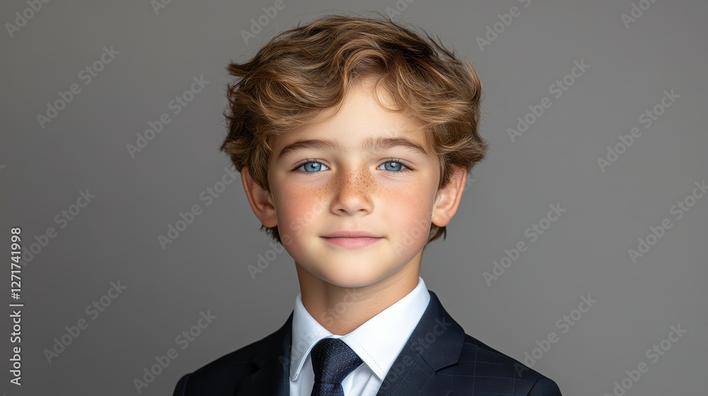 A young boy wearing a suit and tie is smiling for the camera. Concept of formality and professionalism, as the boy is dressed in a suit and tie. The boy's smile suggests that he is happy and confident A young boy wearing a suit and tie is smiling for the camera. Concept of formality and professionalism, as the boy is dressed in a suit and tie. The boy's smile suggests that he is happy and confident