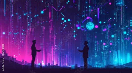 Silhouettes of two professionals shaking hands with a city skyline and digital data in the background.
