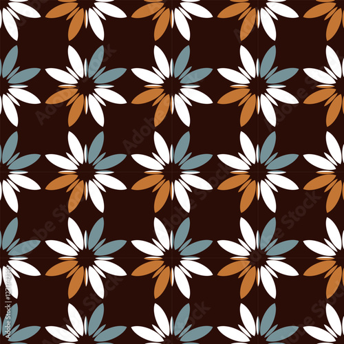 seamless floral pattern composed of daisy-like flowers with white, brown, and muted blue petals on a dark brown background. The symmetrical arrangement Background, vector illustration.