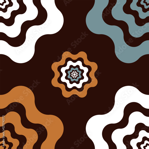 The earthy color palette, including brown, white, and blue hues, enhances its vintage appeal pattern and Background. A highly detailed floral tile-like design with a mesmerizing, retro style