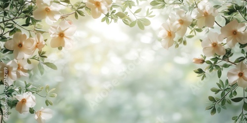 A soft, gentle abstract background featuring light floral elements and green leaves, creating a serene atmosphere with ample copy space