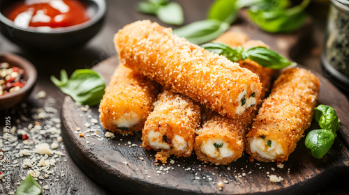 Cheese-filled mozzarella sticks with a crunchy breadcrumb coating and a dash of parmesan on top.