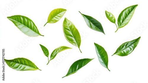 background with flying green tea leaves
