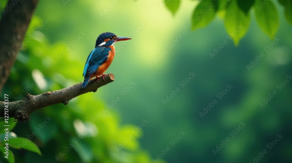 Obraz premium Vibrant Kingfisher Perched on a Branch Amidst Lush Green Foliage