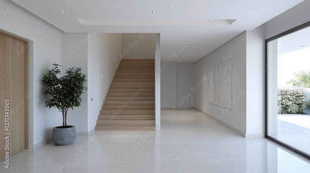 Modern villa hallway, stairs, garden view, luxury home interior design Modern villa hallway, stairs, garden view, luxury home interior design