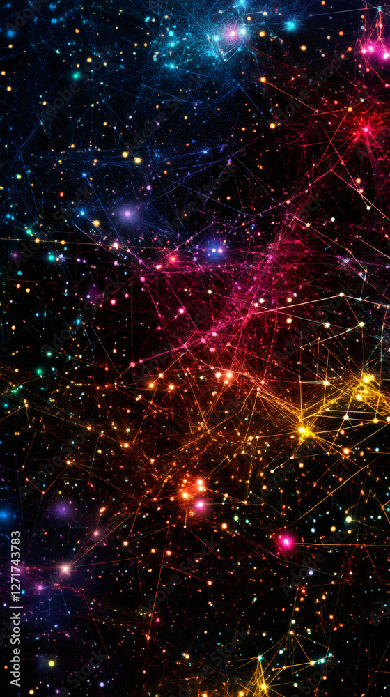 Fototapeta premium Vibrant stellar network spreading across deep space, interconnecting glowing celestial points with dynamic colorful pathways