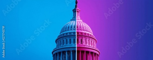 Wallpaper Mural The American flag flutters above a Capitol building split into two vibrant halves, with red and blue lighting amplifying the visual metaphor of division. Torontodigital.ca