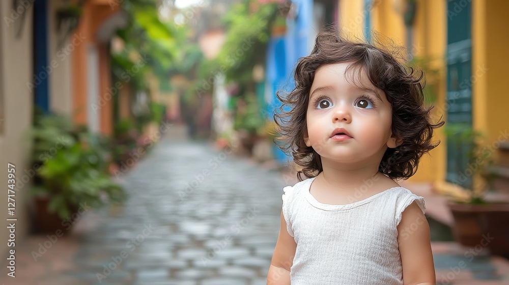 A young girl with curly hair is standing in front of a building. She is wearing a white dress and looking up at the sky. The scene has a peaceful and calm mood A young girl with curly hair is standing in front of a building. She is wearing a white dress and looking up at the sky. The scene has a peaceful and calm mood