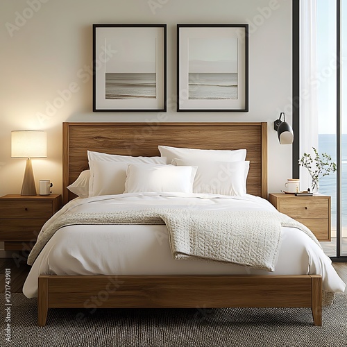 there is a bed with a white comforter and two pictures on the wall