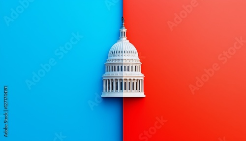 The U.S. Capitol, split cleanly into two vibrant colors, red and blue, reflects the duality of perspectives that shape and divide the heart of American politics.
