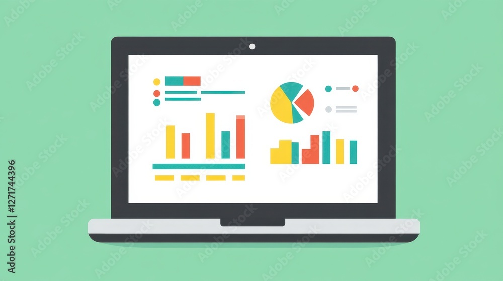Top view of a laptop displaying a business presentation with colorful charts and graphs. Top view of a laptop displaying a business presentation with colorful charts and graphs.