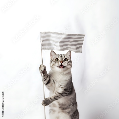 there is a cat that is holding a flag in its paws