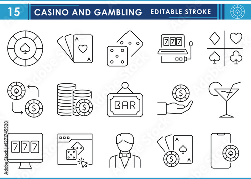 A set of line icons related to Casino and Gambling. Games, luck, money, cards, drinks, roulette, poker, and so on. Vector editable stroke.