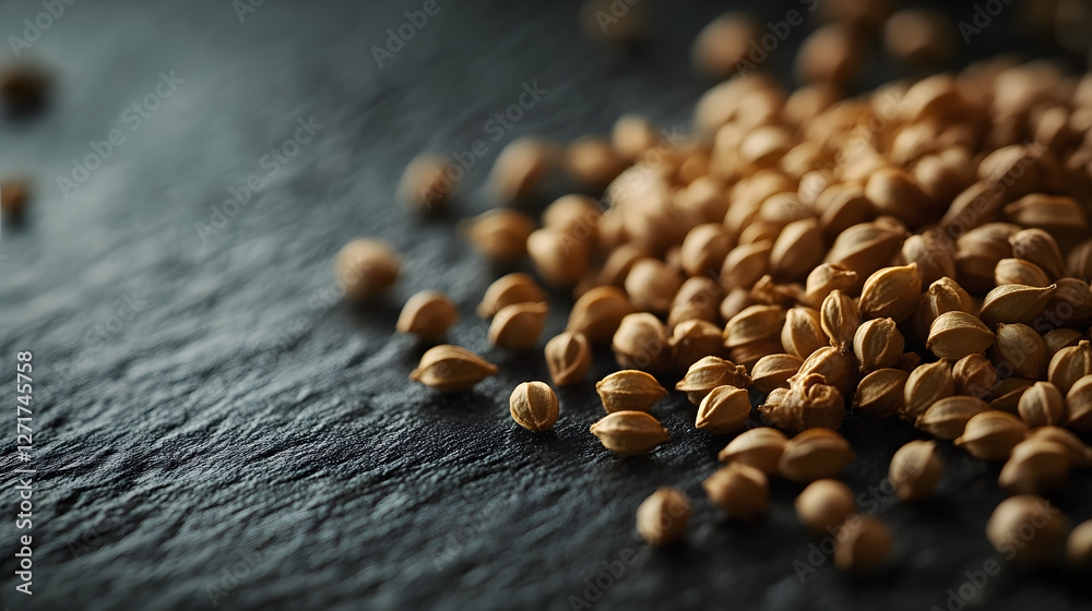 Obraz premium Coriander seeds spread across a dark surface, showing off their detailed texture and earthy tones.