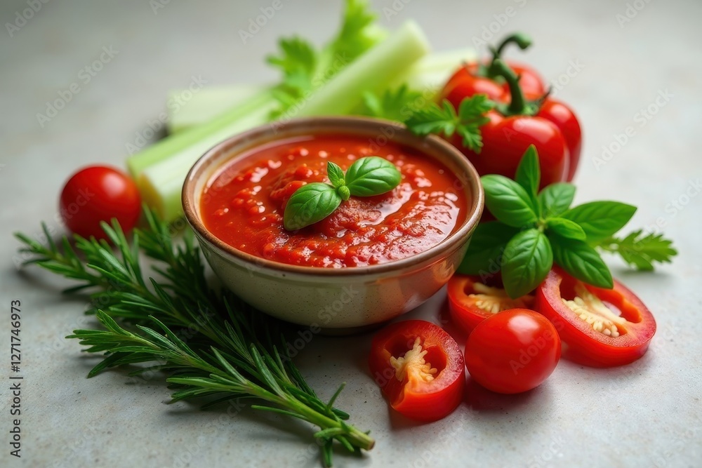 A vibrant bowl of homemade tomato sauce, complemented by fresh herbs and garden vegetables A vibrant bowl of homemade tomato sauce, complemented by fresh herbs and garden vegetables