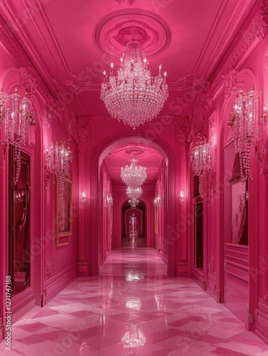 Pink Hallway with Chandeliers