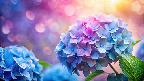 Delicate Blue Hydrangea Blooms against Soft Pink Background - Panoramic Floral Photography