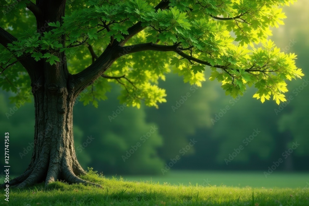 Serene Springtime Landscape Featuring a Majestic Tree with Lush Green Foliage and a Tranquil Meadow Serene Springtime Landscape Featuring a Majestic Tree with Lush Green Foliage and a Tranquil Meadow