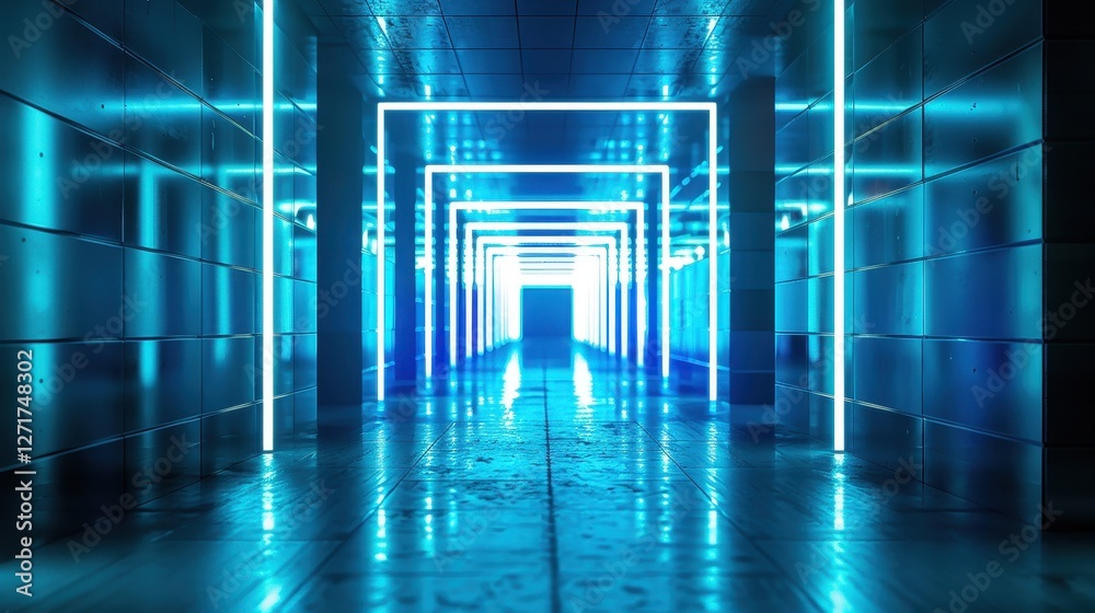Futuristic corridor illuminated by neon lights, reflecting on wet floor, creating a surreal atmosphere Futuristic corridor illuminated by neon lights, reflecting on wet floor, creating a surreal atmosphere