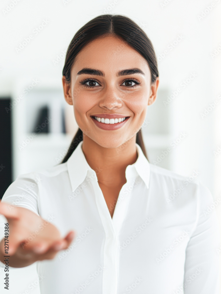 Welcoming gesture from a smiling businesswoman in office environment Welcoming gesture from a smiling businesswoman in office environment