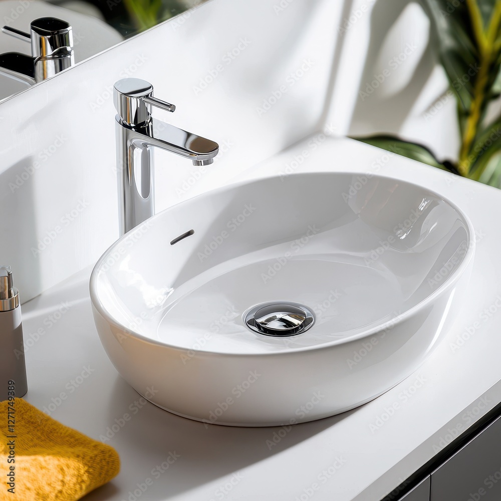 A sleek, modern bathroom sink with a chrome faucet, accompanied by a yellow towel, set against a backdrop of lush greenery. A sleek, modern bathroom sink with a chrome faucet, accompanied by a yellow towel, set against a backdrop of lush greenery.