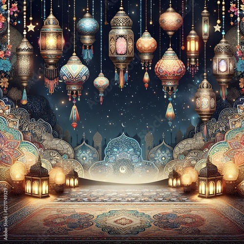 A Stunning and Elegant Shab e Barat Background Design Featuring Islamic Patterns, Arabic Calligraphy, and Moonlit Night Sky, Perfect for Celebrating the Night of Forgiveness and Mercy. photo