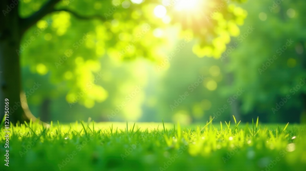 Obraz premium Serene Summer Meadow Scene Vibrant Green Grass in Sunny Sunlight with Defocused Trees in the Background