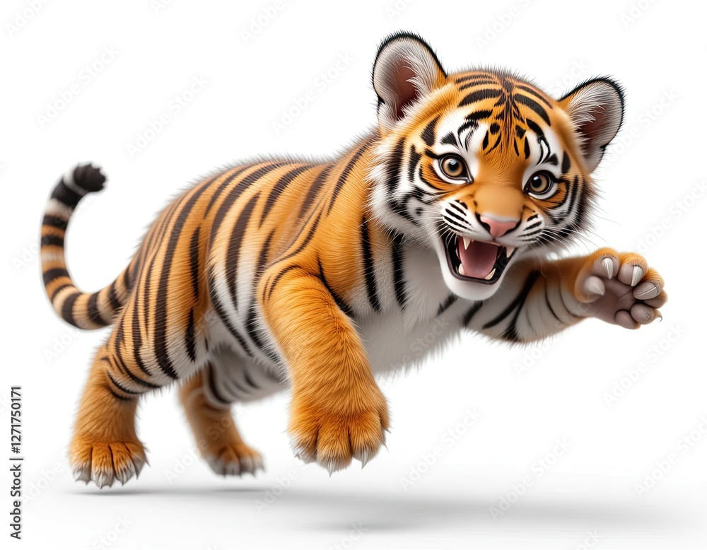 Obraz premium Beautiful cute fluffy tiger cub in a jump. On a white background.