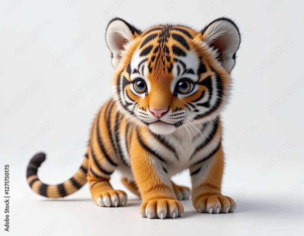 Obraz premium Beautiful cute fluffy tiger cub in a jump. On a white background.