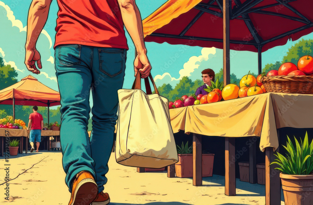 Obraz premium A person carries a tote bag while walking through a bustling local market filled with colorful fruits and vegetables. Bright canopies shade the stalls as vendors interact with customers.