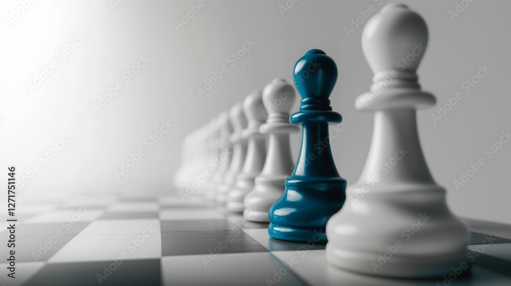 Chessboard with Blue Pawn Among White Pawns in a Minimalist Setting for Strategic Concepts Chessboard with Blue Pawn Among White Pawns in a Minimalist Setting for Strategic Concepts