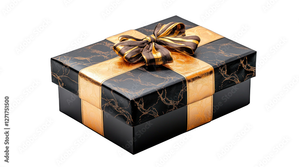 A gold and black box with a gold bow on top A gold and black box with a gold bow on top