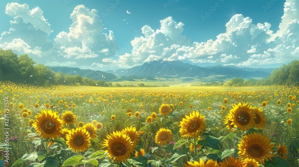 Obraz premium A sunflower field glowing in the golden afternoon light, blue sky with fluffy white clouds, cinematic realism