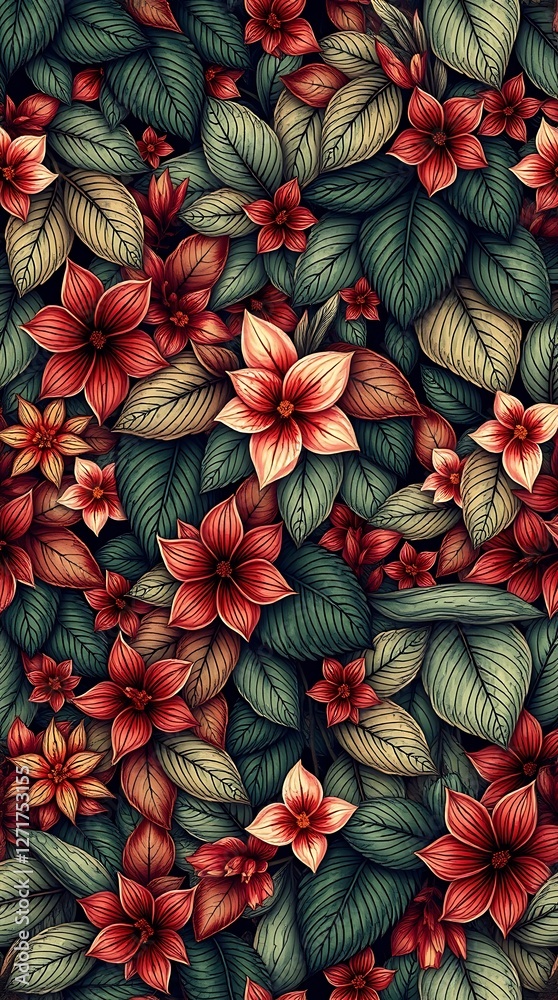Fototapeta premium An intricate seamless pattern featuring a detailed botanical illustration of leaves and flowers in a realistic style. Rich, saturated greens, deep reds, and earthy browns do.