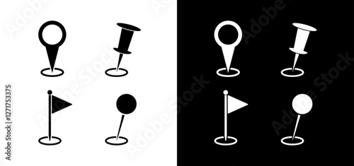 Black white location pin, flag marker set. Gps map markers vector illustration collection isolated on white and black background. 