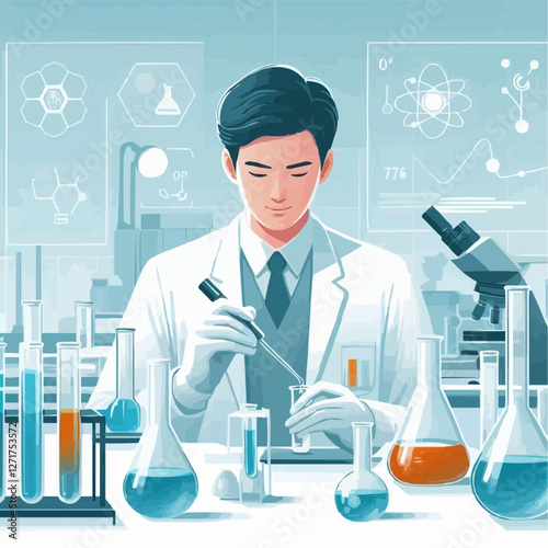 Chemist conducting research experiments with chemical solutions in modern laboratory
