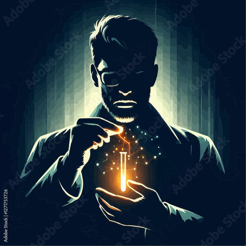 Chemist conducting experiments with glowing substances in dark laboratory setting
