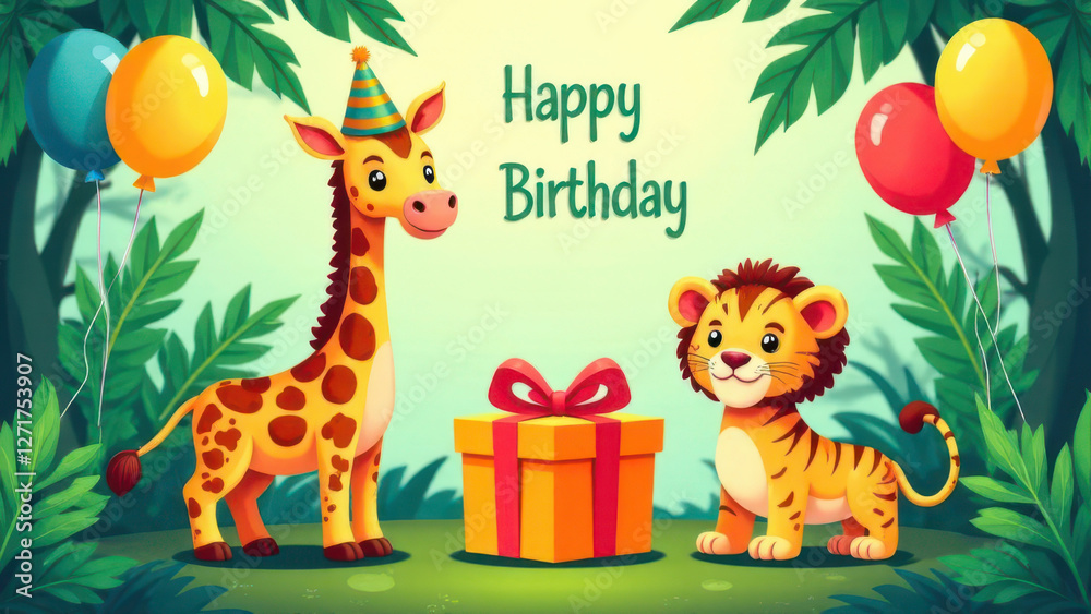 Naklejka premium A cheerful giraffe wearing a party hat and a playful lion are celebrating a birthday in a vibrant jungle. Colorful balloons and a gift box enhance the festive atmosphere.