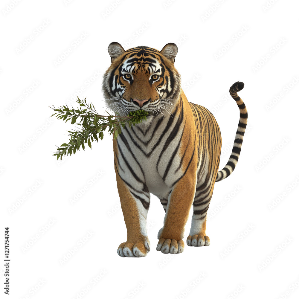 Naklejka premium Majestic Bengal Tiger with Green Branch in Mouth, Isolated on White Background