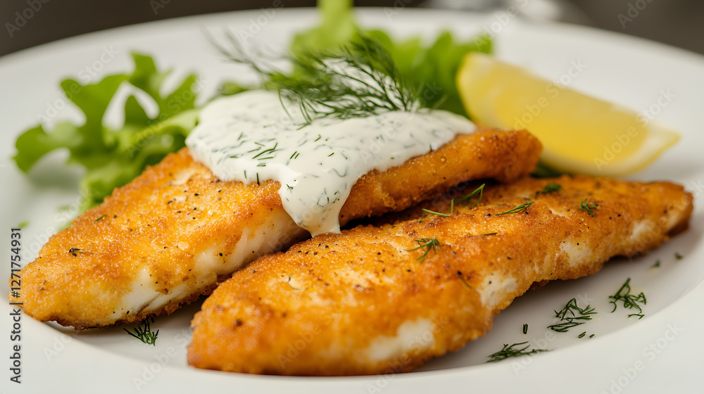 Crispy fish fillets served with a creamy dill sauce and fresh greens. Crispy fish fillets served with a creamy dill sauce and fresh greens.