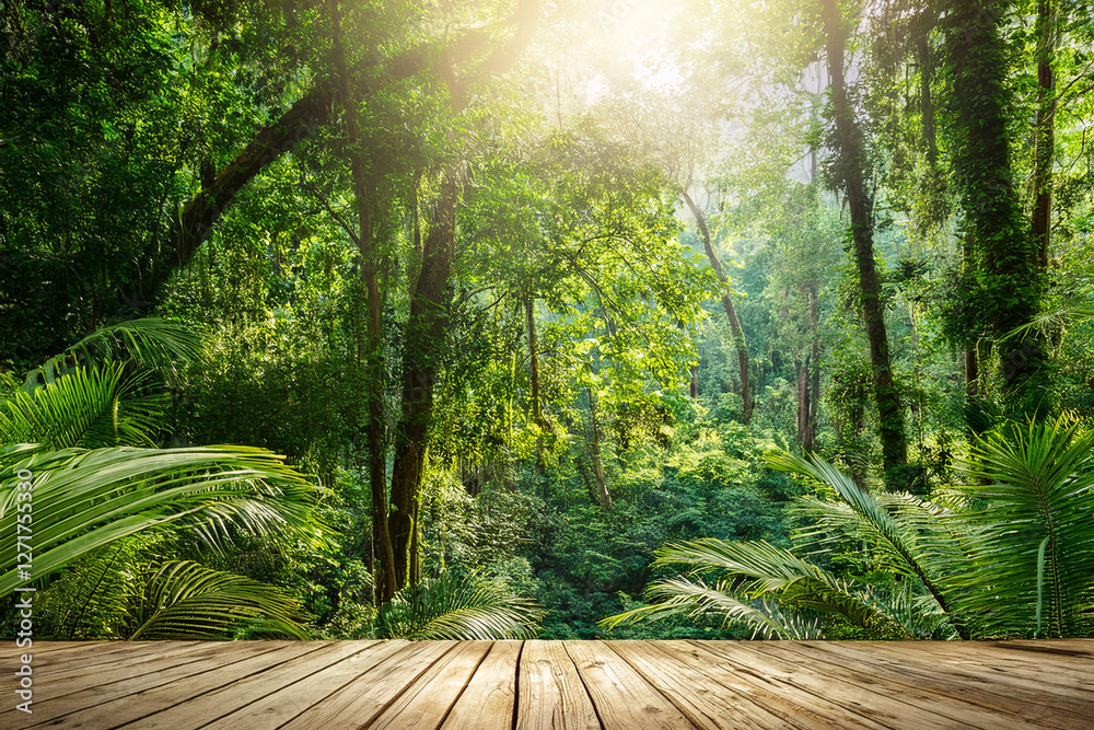 Obraz premium Wooden floor or plank in beautiful rays of sunlight in a silent green forest. Royalty high-quality free best stock of sunlight shining through the vibrant lush green foliage, dynamic scenery, tranquil