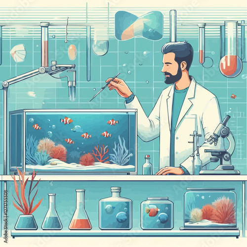 Marine biologist studying aquatic life in laboratory with aquarium and equipment