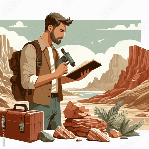 Geologist examining rock formations and taking notes in remote outdoor location
