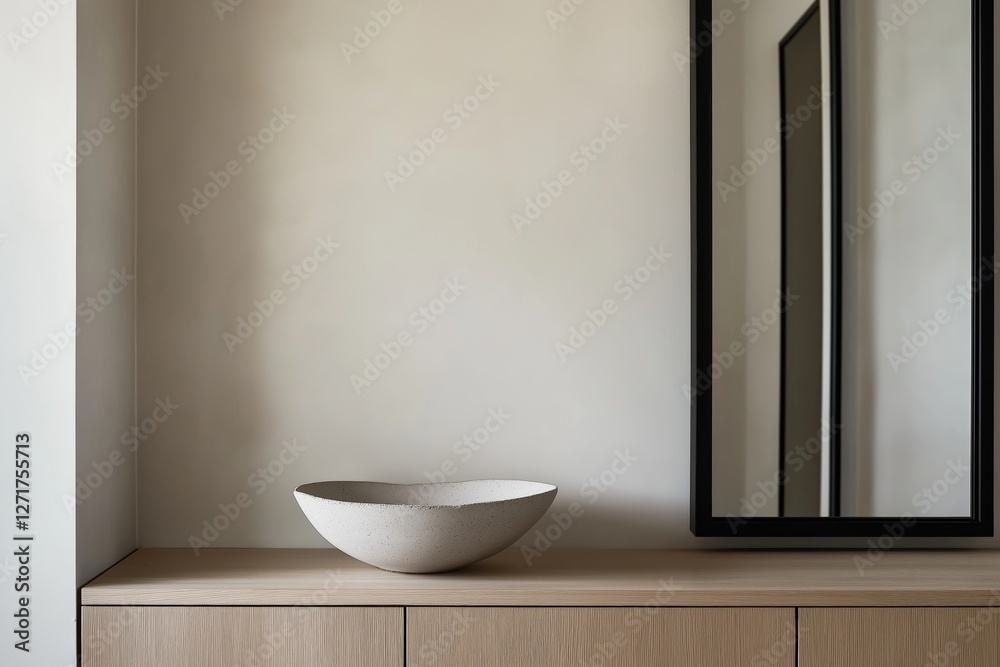 Fototapeta premium Minimalistic contemporary interior featuring floating oak cabinet, sculptural ceramic bowl, and floor-to-ceiling mirror in morning light