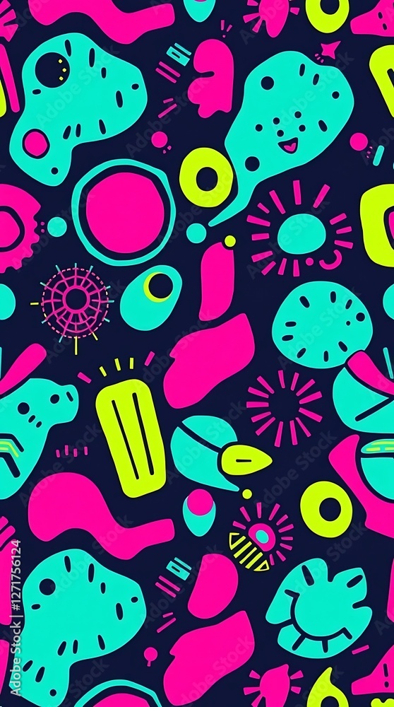 Fototapeta premium An energetic seamless pattern displaying a dynamic mix of abstract shapes and bold lines in shades of turquoise, fuchsia, and lime green, with a playful, retro-futuristic ae.