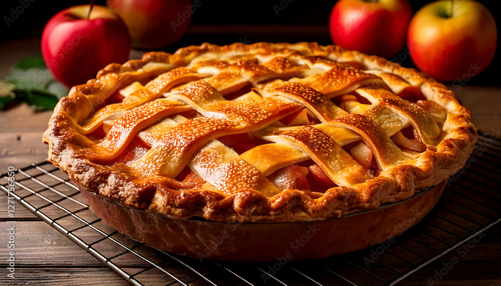 Golden-brown apple pie with a lattice crust, cooling on a wire rack. Perfect for autumnal themes, food blogs, and recipe websites. Deliciously rustic and inviting. Golden-brown apple pie with a lattice crust, cooling on a wire rack. Perfect for autumnal themes, food blogs, and recipe websites. Deliciously rustic and inviting.