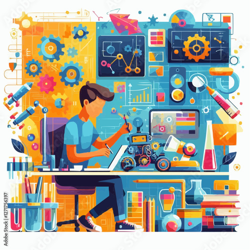 Young inventor designing mechanical device with tools and technology in creative workspace