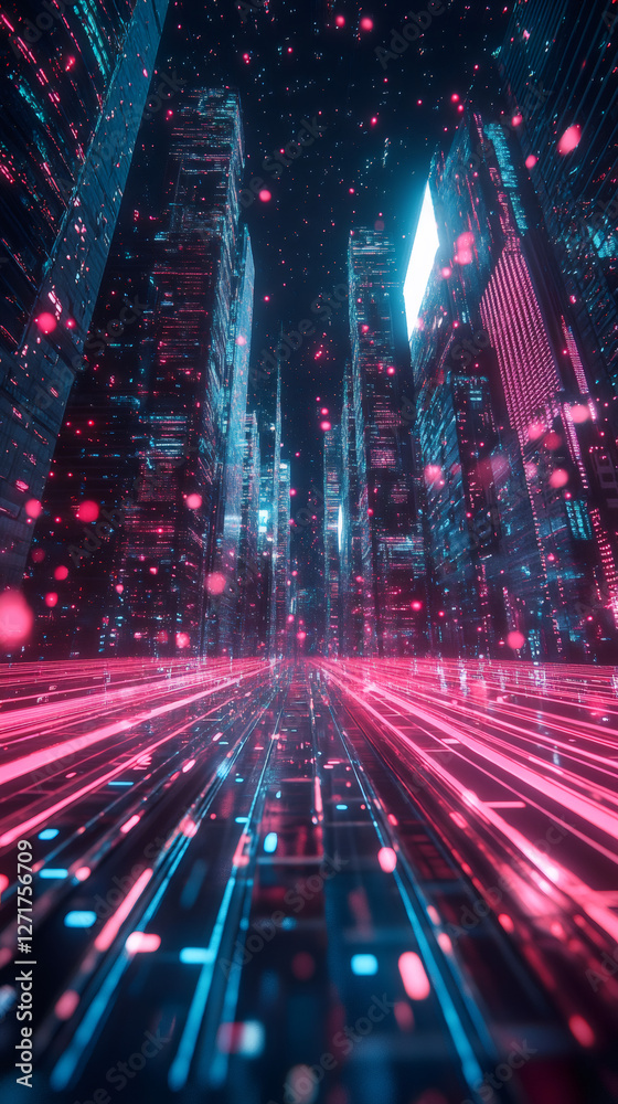 Digital data streams are flowing on the street of a futuristic city with glowing skyscrapers at night Digital data streams are flowing on the street of a futuristic city with glowing skyscrapers at night