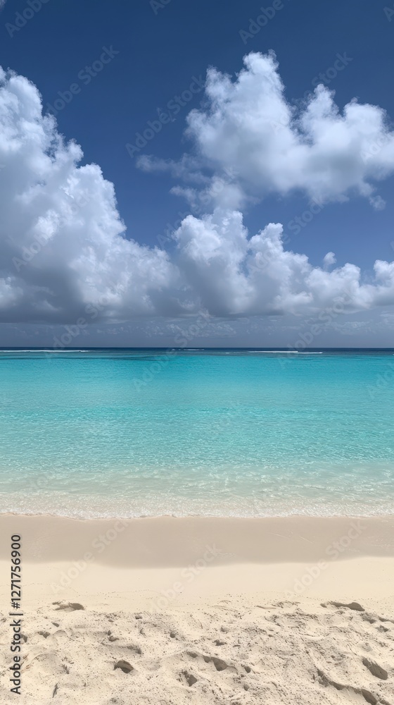 Serene Beach Scene with Azure Water and Fluffy Clouds. A Perfect Day at the Beach. Serene Beach Scene with Azure Water and Fluffy Clouds. A Perfect Day at the Beach.