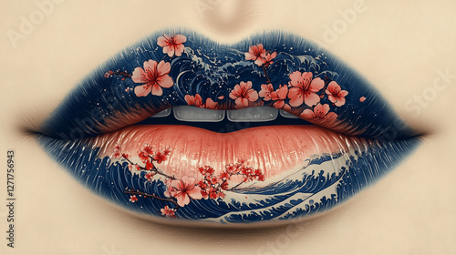 Artistic lip makeup design featuring ocean waves and cherry blossoms in vibrant colors